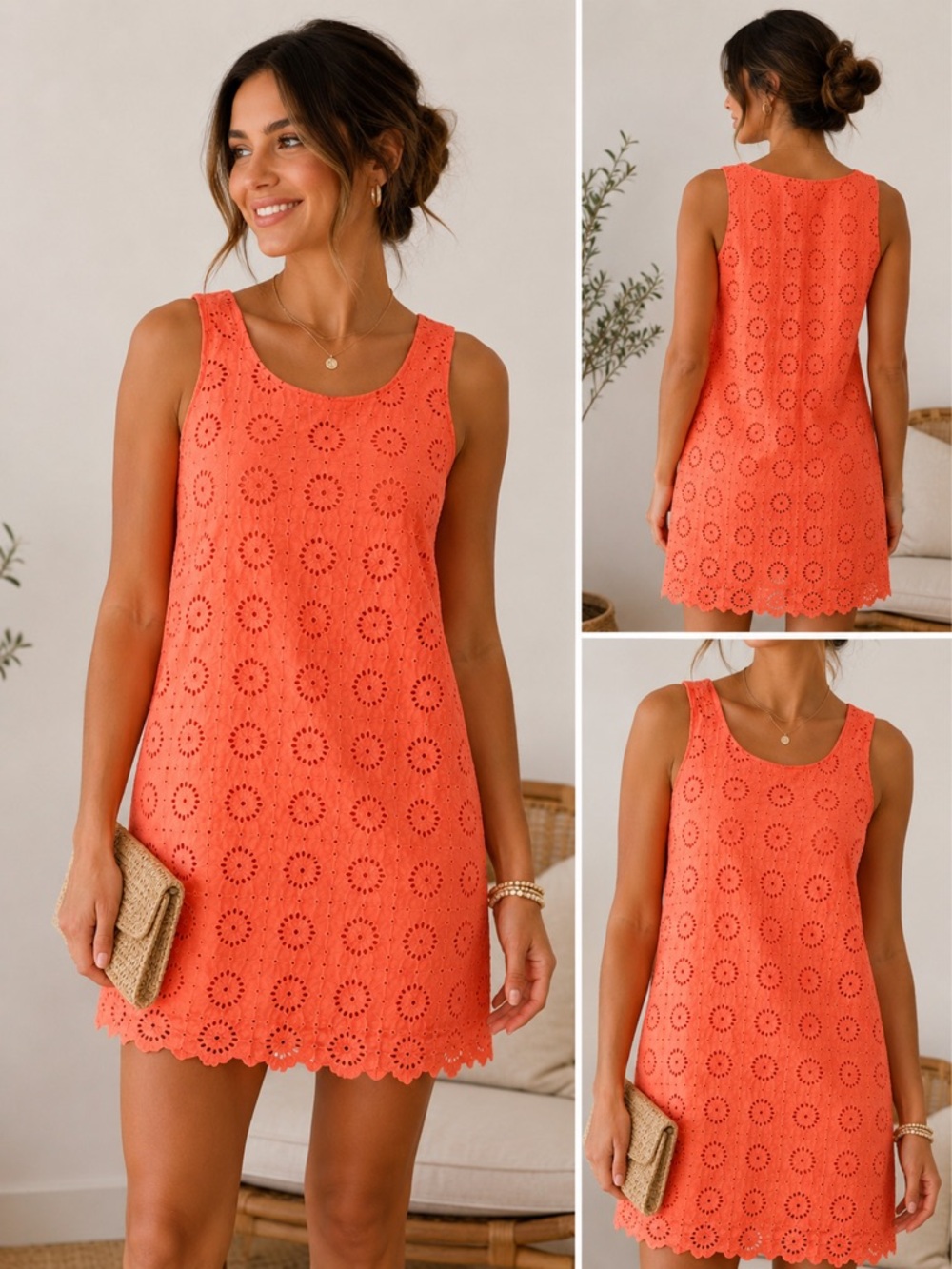 Madewell Coral Eyelet Shift Dress Scalloped Hem Sleeveless Size Small